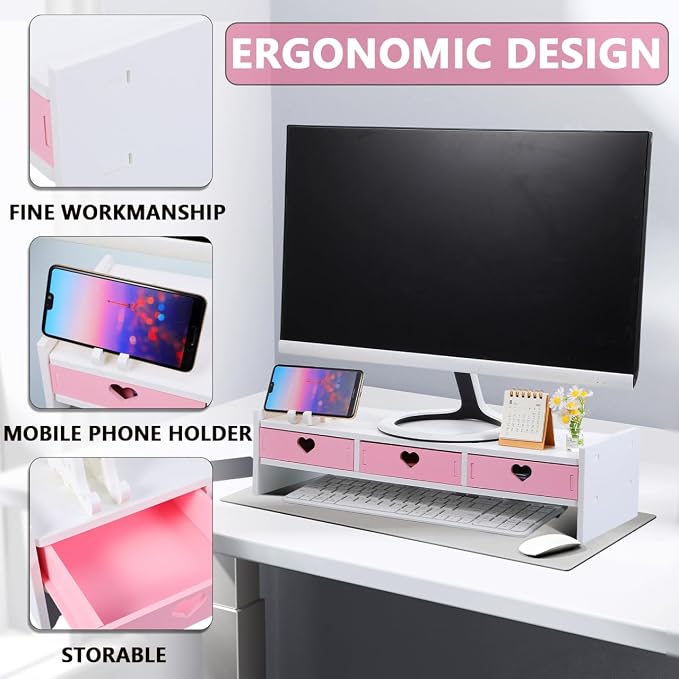 Pink Monitor Riser, Space-Saving Elevated Stand with Smooth Edges for Keyboard Storage, Ergonomic Desktop Organizer for Home & Office, 19.29x7.48x3.93In - Image 2
