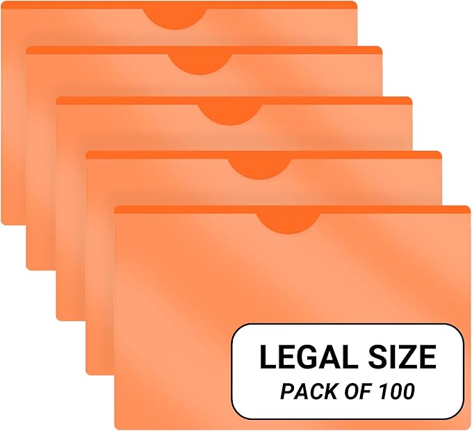 Doctor Stuff- 100 Pack, Vinyl Plastic Pocket File Folders Closed Sides, Legal Size, Clear Front Top Loading Job Jacket, Documents Holder for Office, High School and Medical Files, Orange by DoctorStuff
