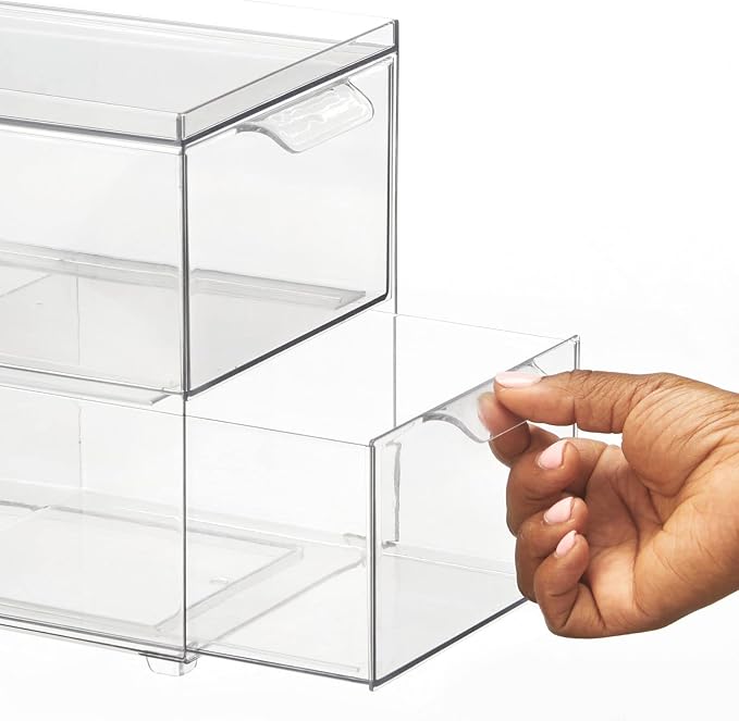 mDesign Stackable Storage Containers Box with 2 Pull-Out Drawers - Stacking Plastic Drawer Bins for Closet Organization, Linen, Coat, Bedroom or Entryway Closets - Lumiere Collection - 4 Pack, Clear - Image 6