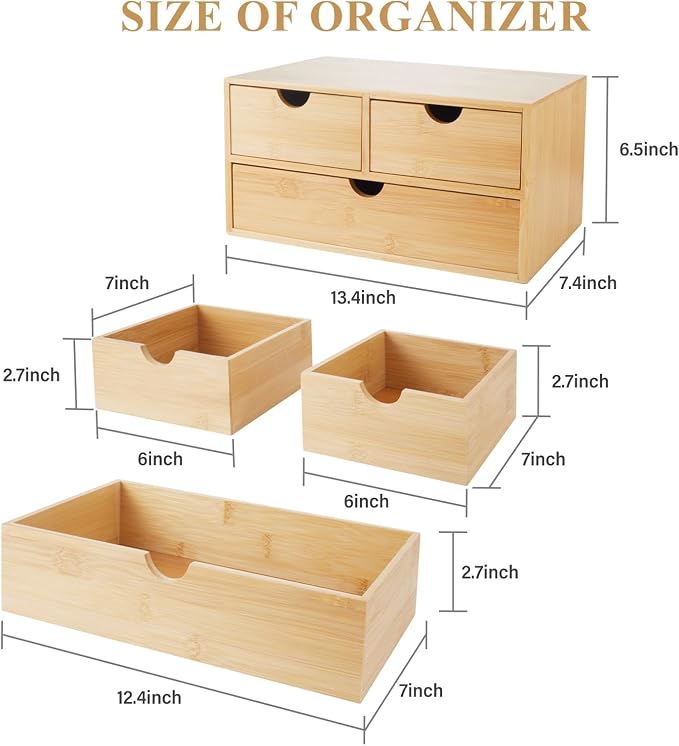 Charmewooden Bamboo Desk Organizer with 3 Drawers, Countertop Organizer with Drawers Makeup Storage Drawer 3 Drawers Tabletop Storage Organization Box Home Office Workspace - Image 3