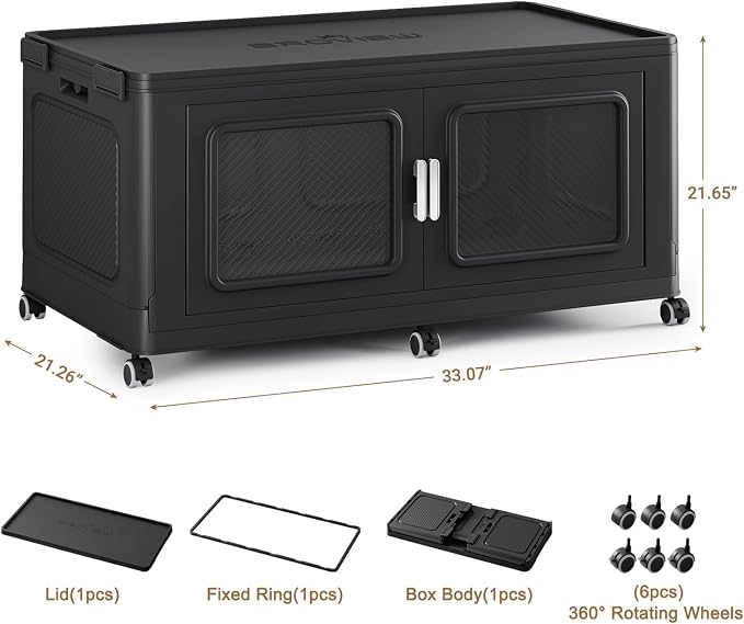 BROVIEW 220 Qt Extra Large Stackable Storage Bin with Lid, 1 Pack Black | 55Gal Extra Large, Collapsible Storage Boxes with 1 Lid, Folding& Rolling Plastic Drawer, Heavy-Duty Cabinet Organization - Image 2