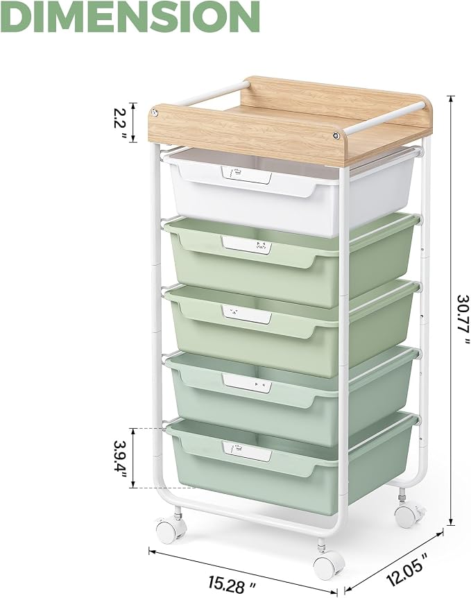 Utility Cart with 5 Drawers, Art Cart for Teacher Kid, Green | Rolling Storage Cart for Crafters Artists Student Storage Arts Crafts & Study Supplies in Craft Room Dorm Classroom Kids Room - Image 2