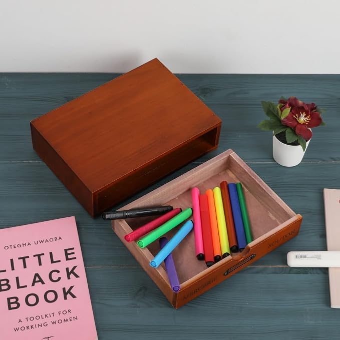 Wooden Drawers Brown Wood Desktop Organizer with Drawers | Vintage Wooden Storage Box for Apothecary Cabinet, Wood Drawer, Countertop Drawer for Library Card Catalog Cabinet - Image 4