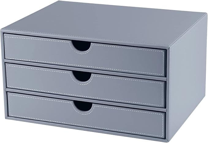 Leather Desk Organizer with 3 Drawers/Tray, Executive Office Supplies Desktop Filing A4 File Cabinet/Holder, Stackable Storage Box Grey (Gray) by RHCSZ
