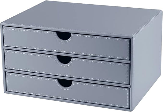 Leather Desk Organizer with 3 Drawers/Tray, Executive Office Supplies Desktop Filing A4 File Cabinet/Holder, Stackable Storage Box Grey (Gray) by RHCSZ