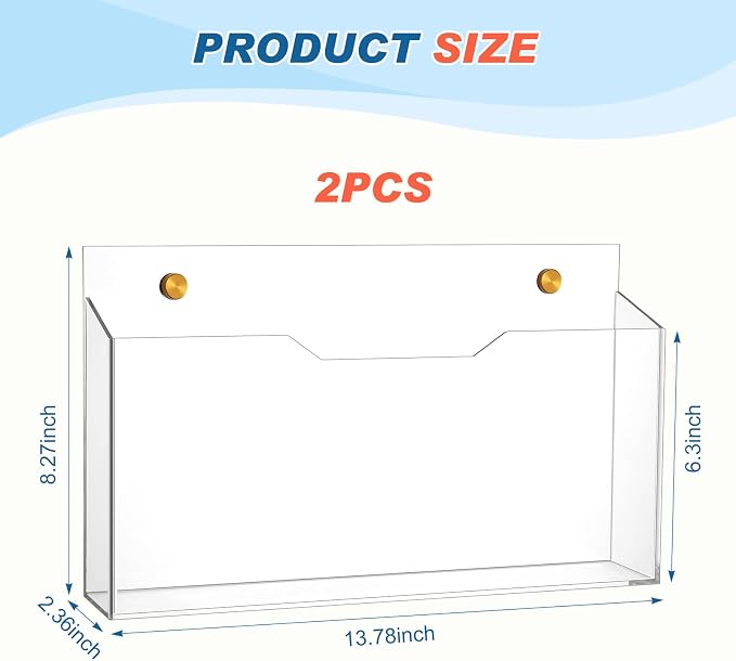 Feifeiya 2Pcs Clear Acrylic File Holder Wall Mount Mail Magazine Organizer File Holders with Screw Wall Office Document Storage Magazine Brochure(14"x8.3"x2.4",Widening Horizontal,Clear) - Image 2