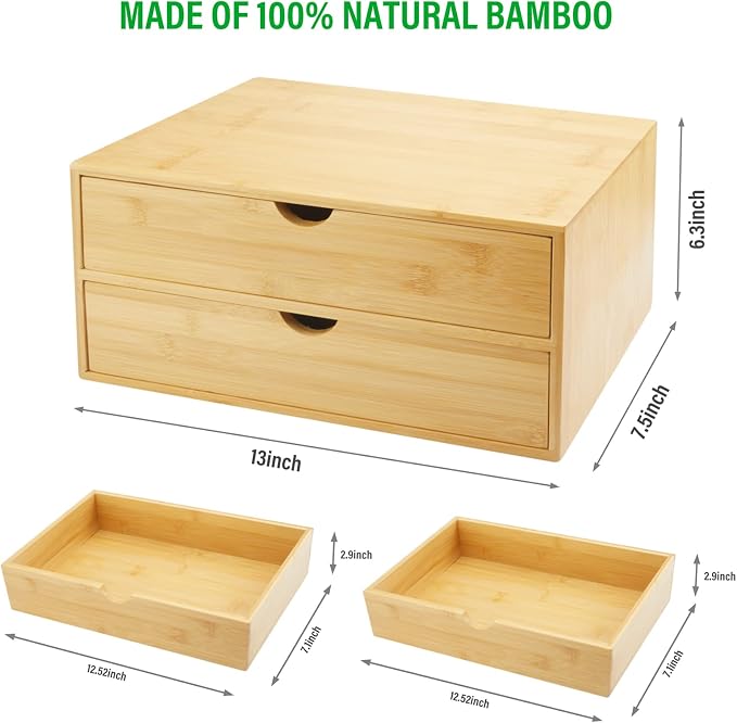 Charmewooden Bamboo Desk Organizer with Drawers, Countertop Organizer with Drawers Makeup Storage Drawer 2 Drawers Tabletop Storage Organization Box Home Office Workspace Bathroom Toiletries Supplies - Image 3