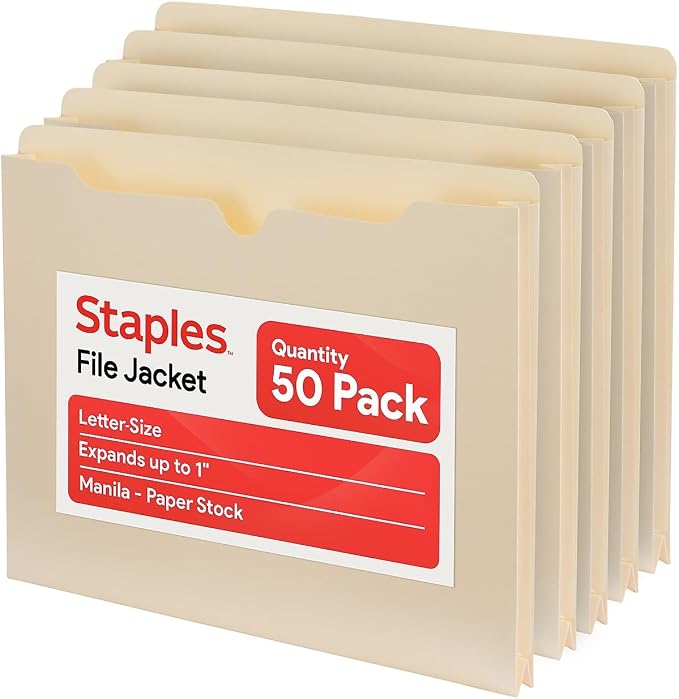 Staples File Jacket, 1" Expansion, Letter Size, Manila, 50/Carton (TR541092) by Staples