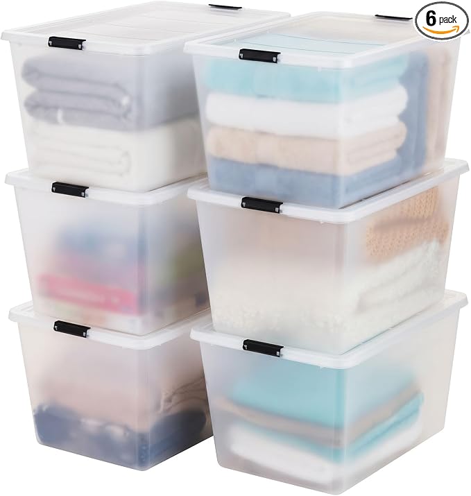 IRIS USA 6-Pack 55 Quart Clip Box with Latching Lid | Latching lid secures office and household supplies. Stackable, nestable design maximizes storage space by IRISUSA