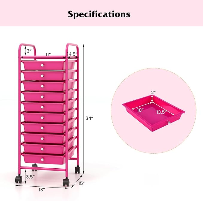 Storage Cart, Rolling Utility Cart with 10 Drawers, Portable Handles & Lockable Wheels, Mobile Paper Toys Storage Organizer Large Capacity for Home Office School Teacher (Hot Pink) - Image 3