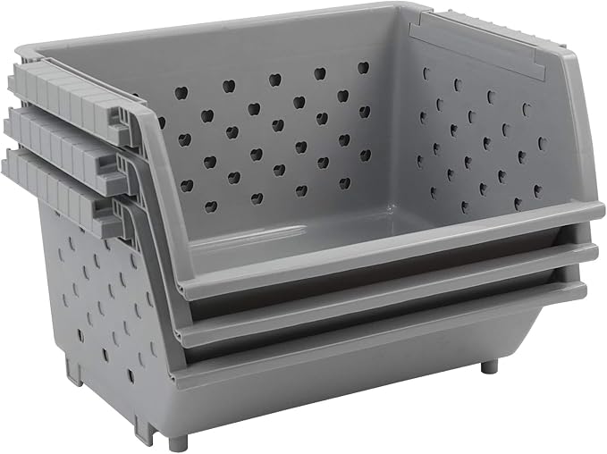 3 Pack Stacking Open Front Storage Bins, Gray Stackable Basket | Plastic Pantry Storage Basket Rack for Vegetable Fruit Snack Toy - Image 4
