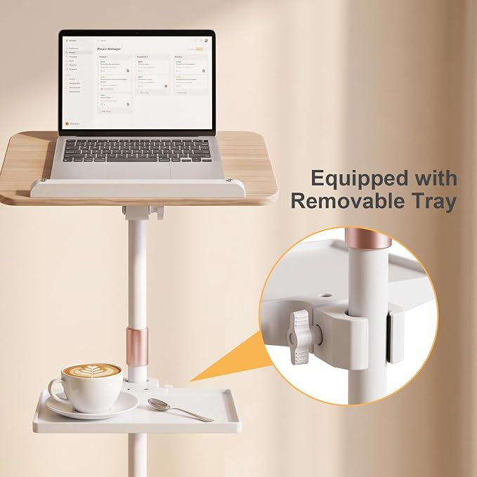 2 in 1 Dual-use Music Stand & Desktop Book Stand, Adjustable Height 16.5"-51", 100% Solid Wood Laptop Floor Stand Book Holder with Elastic Page Clips for Cookbooks (White with Tray) - Image 9