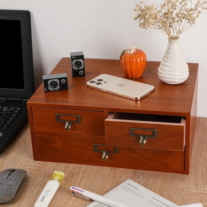 Wooden Drawers Apothecary Cabinet Brown Wood Desktop Organizer Box | Vintage Wooden Storage Box for Apothecary Drawers, Countertop Organizer with Drawer for Library Card Catalog Cabinet - Image 5