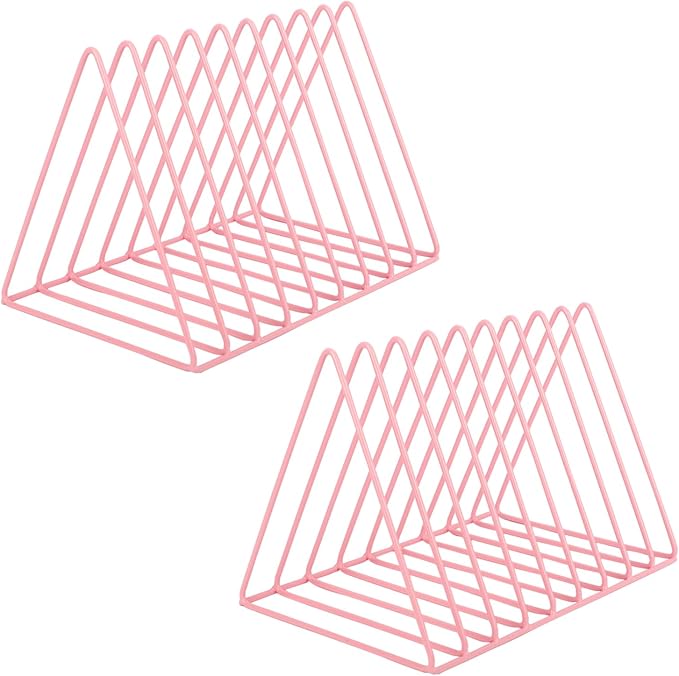 Vinyl Record Holder Storage, 9 Slot Metal Magazine Book Album Display Rack, Stylish Triangle Desktop File Sorter Organizer for Home Office, Pink Pack of 2 by EASEPRES