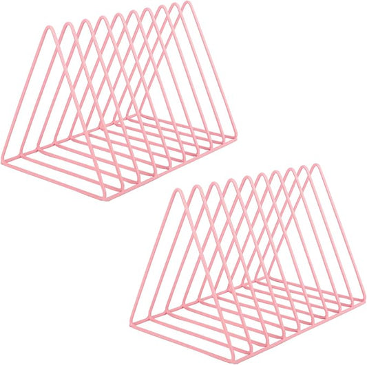 Vinyl Record Holder Storage, 9 Slot Metal Magazine Book Album Display Rack, Stylish Triangle Desktop File Sorter Organizer for Home Office, Pink Pack of 2 by EASEPRES
