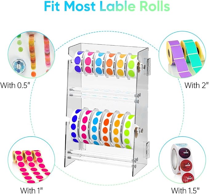 Label Dispenser 12 Disks Acrylic Sticker Dispenser Label Roll Holder(Clear) | Multi-Use Adjustable Double-Layer Sticker Holder Organizer, Stable Desktop Sticker Stand Label Holders for Home Office - Image 3