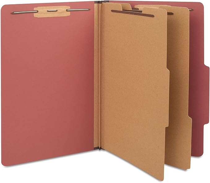 Staples Pressboard Classification Folder, Legal Size, 2/5‑Cut Top Tab, 2 Dividers, Red, Durable Construction, 10/Box by Staples