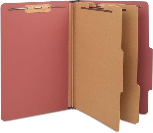 Staples Pressboard Classification Folder, Legal Size, 2/5‑Cut Top Tab, 2 Dividers, Red, Durable Construction, 10/Box by Staples