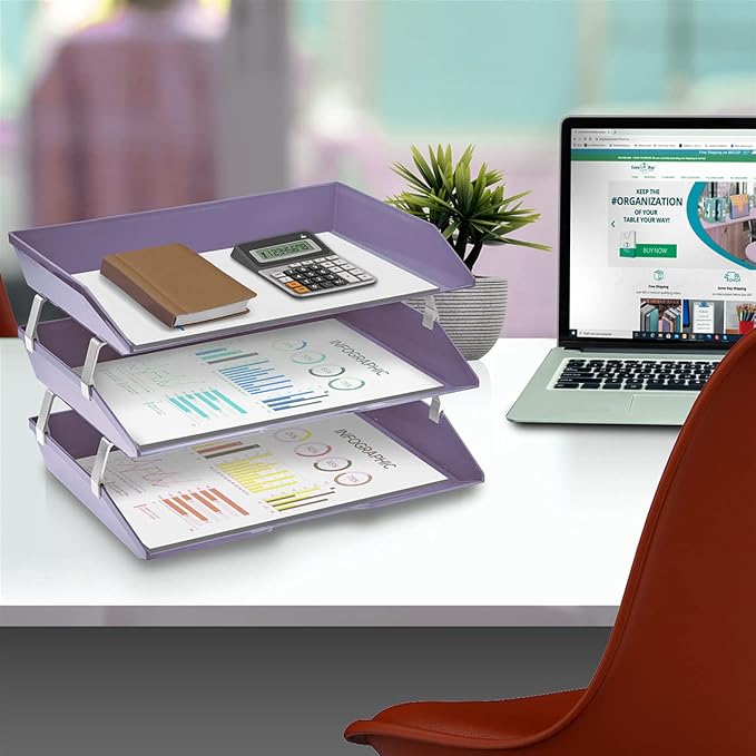 Acrimet Facility 3 Tier Letter Tray, Side Load, Letter Size/A4, Desktop File Organizer, Plastic (Solid Purple Color) | Document Tray with Aluminum Rods - Image 3