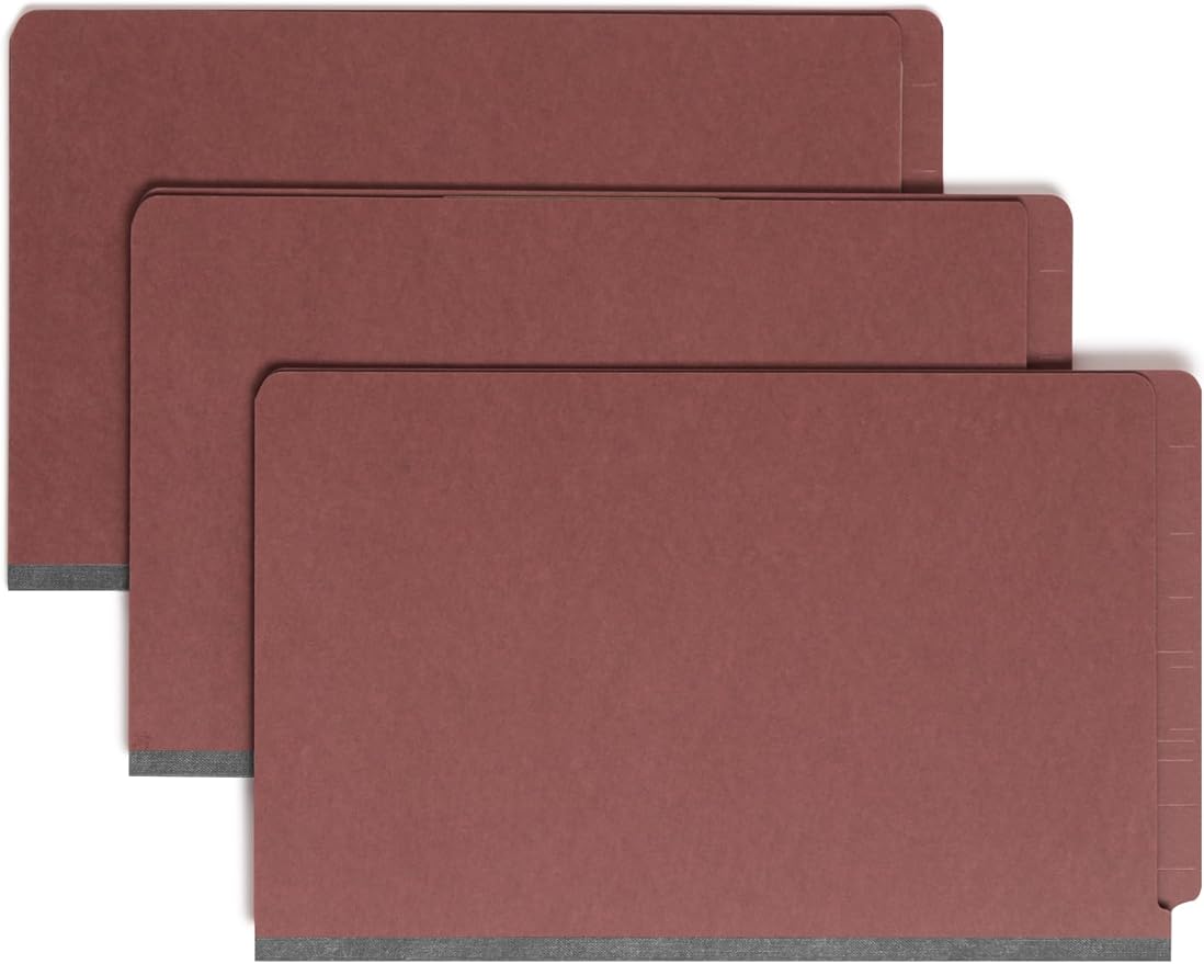 Smead 100% Recycled End Tab Pressboard Classification File Folder with SafeSHIELD Fasteners, 3 Dividers, 3" Expansion, Legal Size, Red, 10 per Box (29865) - Image 2