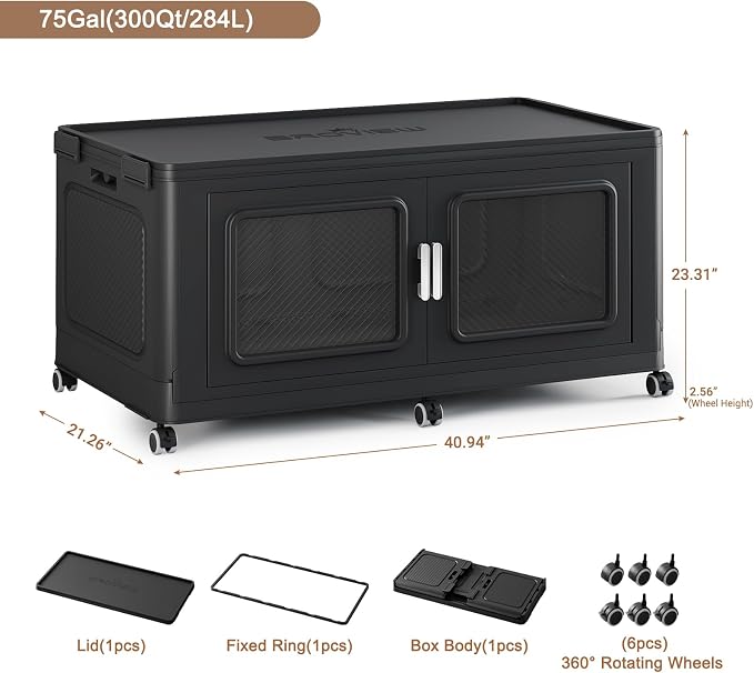 BROVIEW 300 Qt/75 Gal Stackable Storage Bins with Lids, 1 Pack, Black | Large Stackable Storage Boxes w/ 1 Lid Folding Plastic Cart Organizer for Home Kitchen, Open Front Clear Door with Wheels - Image 2