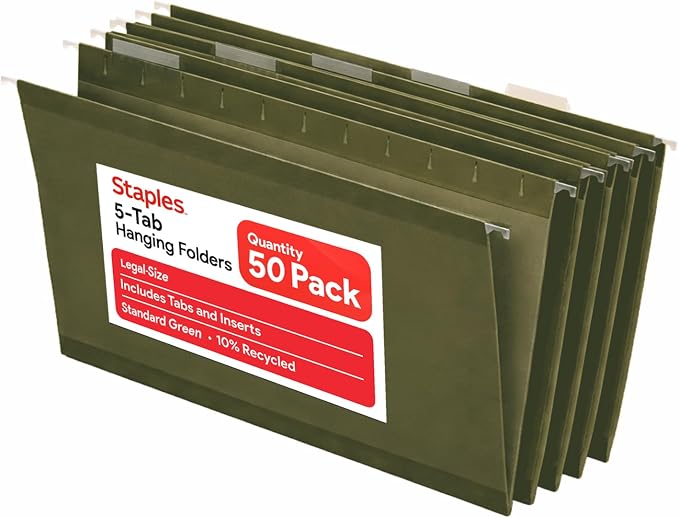 Staples 95% Recycled Hanging File Folder, 1/5-Cut Tab, Legal Size, Standard Green, 50/Box (ST490853/490853) | Reinforced top for durability; organizes documents in standard-size drawers. by Staples