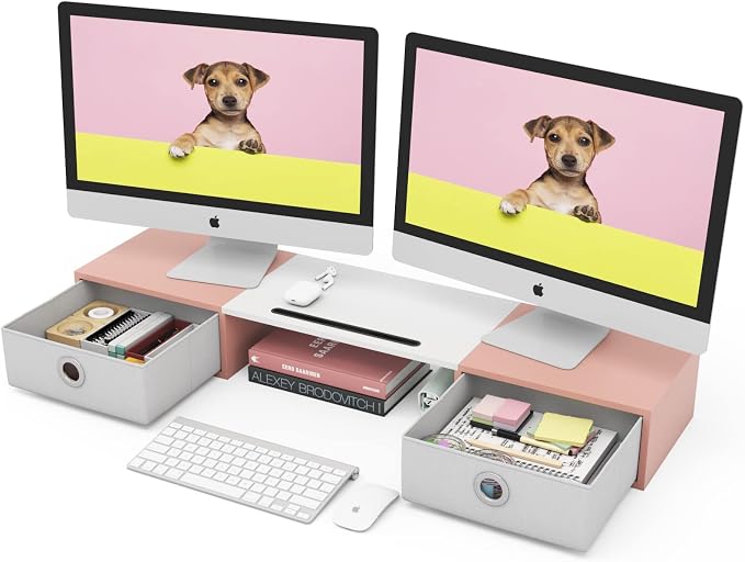 WESTREE Dual Monitor Stand Riser with Two Drawers, Extra Large Storage Monitor Stand for 2 Monitors, Desktop Oraganizer Stand for Computer,Laptop,Screen,Printer,TV by WESTREE