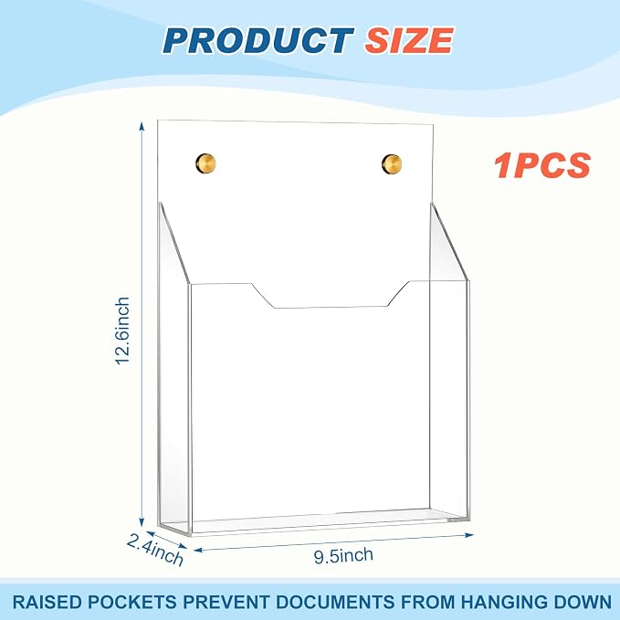 Feifeiya 1 Pack 12.6"x9.5"x2.4" Clear Acrylic Wall File Holder Organizer Wall Mount Magazine Document Brochure Mail Pocket Durable File Storage with 3 Colors Screw Cap for Office Home Waiting Room Use - Image 2