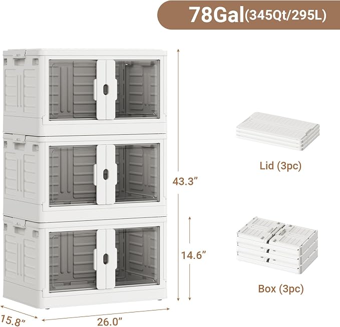 BROVIEW 345Qt Stackable Storage Bins with Individual Lids & Wheels, Large Plastic Collapsible Latching Boxes Closet Organizers and Storage Cabinet Shelves Units for Home Kitchen Dorm, 3-Pack White - Image 2