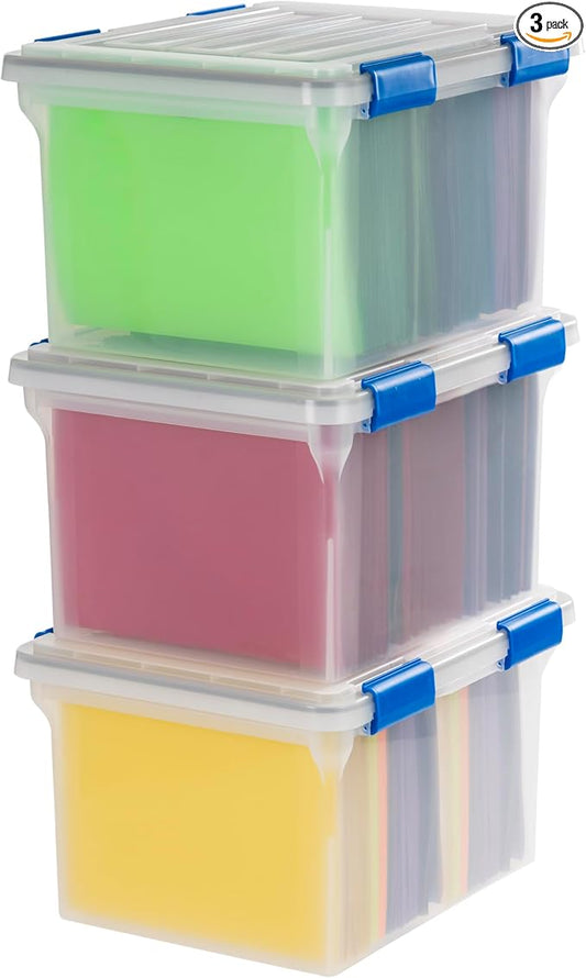 IRIS USA WeatherPro File Box Organizer, Letter/Legal, 32 Qt. 3-Pack, Clear | Store letter and legal documents safely with weather-resistant protection and space-saving stackable storage by IRISUSA