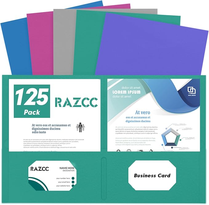 Two Pocket Folders, RAZCC 125 Pack 2 Pocket Folders Fit Letter Size Paper, Paper Folders with Pockets for School Office Business Home (Assorted 5 Colors) by RAZCC