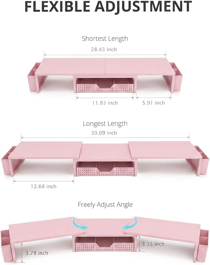 Desk Organizers and Accessories, Dual Monitor Stand Riser with Drawer and 2 Pen Holders, Desk Shelf Computer Racks for Office Workspace Organizers, Desktop Organization (Peach-pink) - Image 3