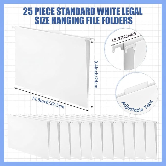 25 Pack White Hanging File Folders Legal Size Hanging Folders with 1/5 Cut Label Tabs for Filing Cabinet Files Office, School Desktop File Storage - Image 2