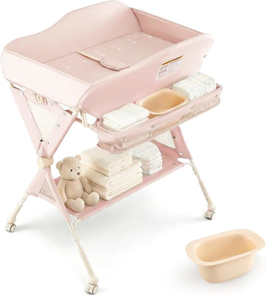 INFANS Baby Changing Table with Wheels, Portable Folding Diaper Station Nursery Organizer with Storage Basket, Hanging Rack, Adjustable Height, Safety Belt for Newborn Infant (Light Pink) by INFANS