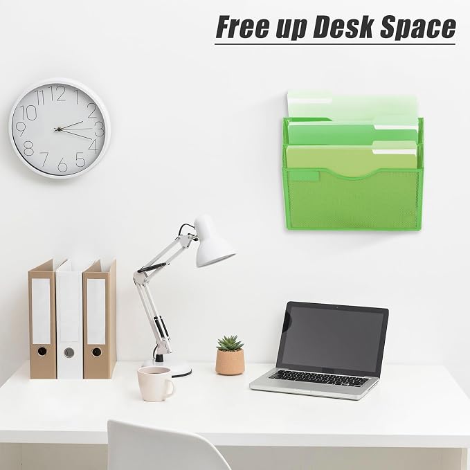 3 Pocket Mesh Hanging Wall File Organizer, Wall Mounted Mail Paper Document Folder Holder, Clipboard Storage Organization Magazine Rack with Nametag Label for Office Home School, Green - Image 3