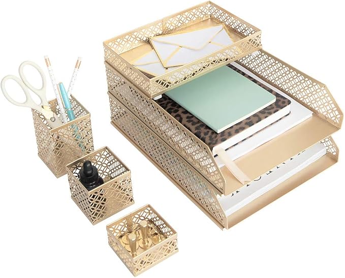 BLU MONACO | Gold Desk Organizer Set for Women 6 Piece | Mail Sorter Organizer Countertop with Letter Sorter for Desk | Steel Desktop Organizer with Mesh Pen Holders by Blu_Monaco