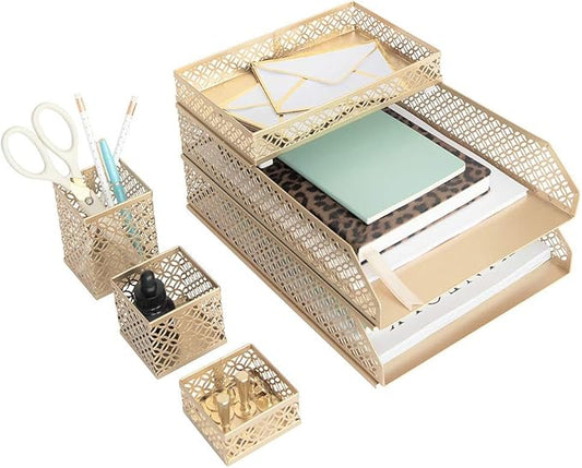 BLU MONACO | Gold Desk Organizer Set for Women 6 Piece | Mail Sorter Organizer Countertop with Letter Sorter for Desk | Steel Desktop Organizer with Mesh Pen Holders by Blu_Monaco