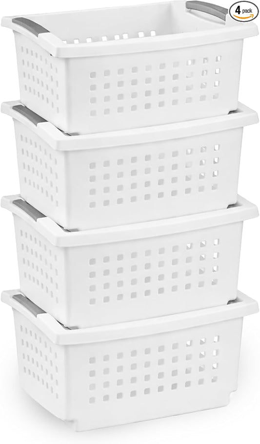 Sterilite 4 Pack Medium Stacking Basket, Open Top Storage Bin with Handles, White - Ideal for Home Closets, Kitchens, or Office Organization by Sterilite