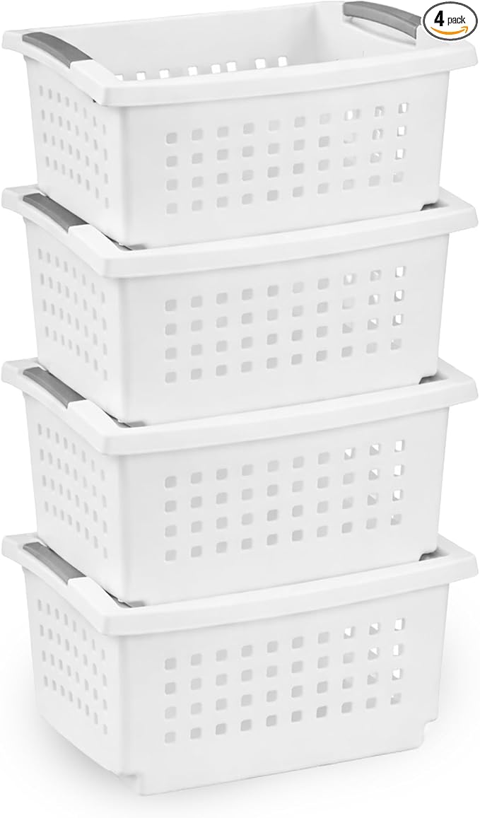 Sterilite 4 Pack Small Stacking Basket, Open Top Storage Bin with Handles, White - Ideal for Home Closets, Kitchens, or Office Organization by Sterilite