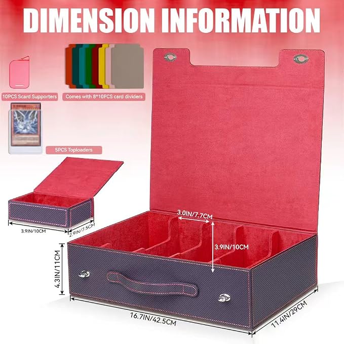 5-Row 3900+ Trading Card Storage Box for MTG, Card Deck Box with Snap-fit Design, 5 Card Sleeves, 10 Stoppers, 80 Dividers and 1 Dice Tray (Black-Red) - Image 3