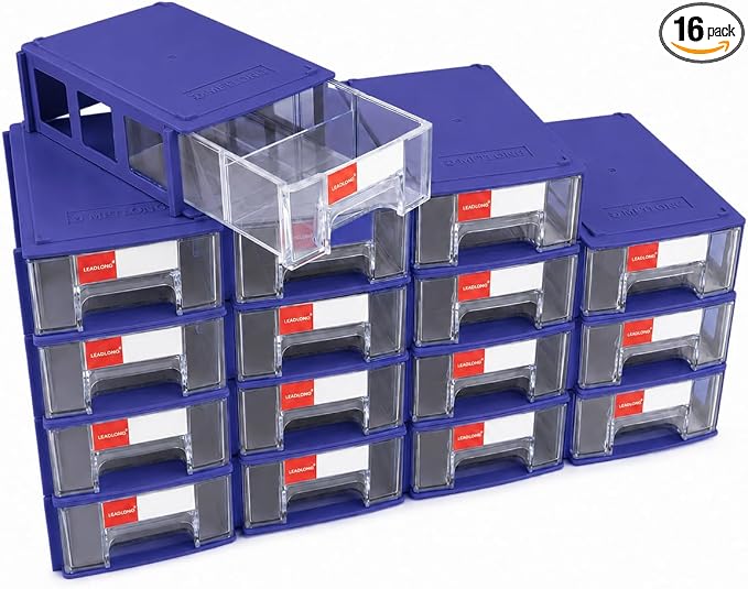 16pc Stackable Plastic Storage Drawers Mini Desk Organizer Blue | Versatile mini desktop storage box 5.5x3.4x1.6", perfect for garage, home, school and office craft organization. by LEADLOONG