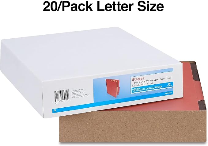 Staples Colored Pressboard Classification Folder, Letter Size, 1 Partition, Red, Durable Construction, 20/Pack - Image 3