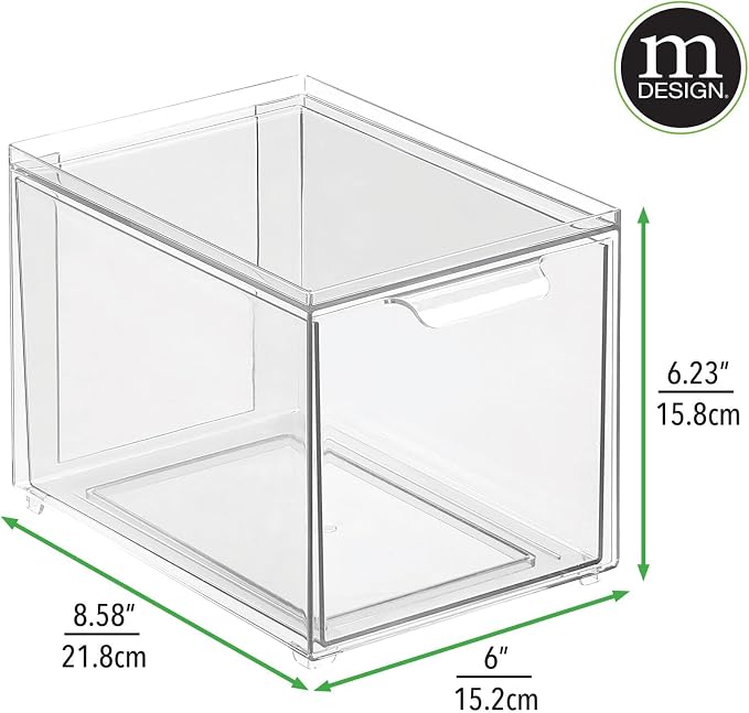 mDesign Shoe Storage Box with Drawer – Sturdy Plastic Storage Box for Shoes – Stackable Drawer Box for Shoes, Accessories and More – Pack of 4 – Clear - Image 3