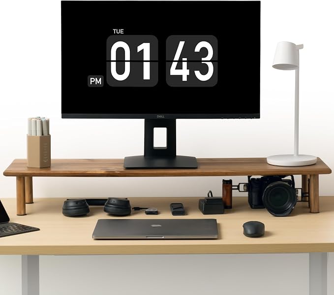 Dual Monitor Stand Riser, Acacia Wood Desktop Shelf with Storage | 39.37-Inch Wide, Under-Shelf Storage for Keyboard, Mouse and Laptop, Fits Two 24-Inch Monitors in Home Office - Image 8