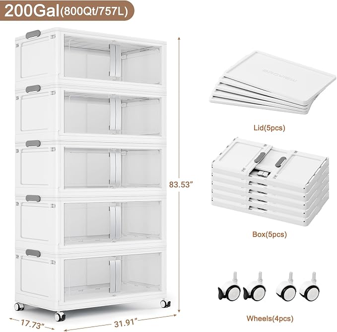 BROVIEW 800QT Stackable Storage Bins with Lids, 200Gal Extra Large Collapsible Storage Box with Wheel, Plastic Storages with Clear Door Open Front for Home Kitchen Garage, White-5pack(5 lids) - Image 2