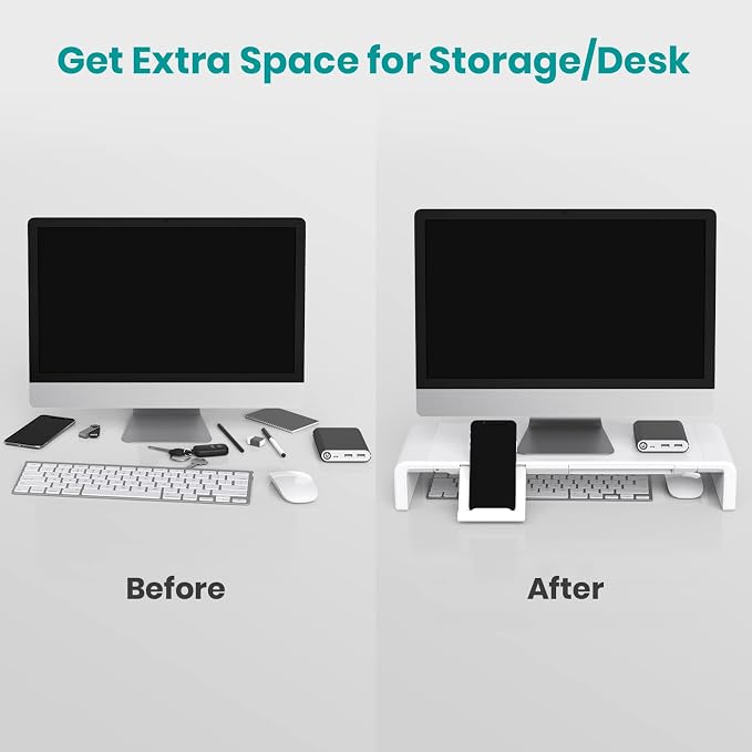 Monitor Stand Riser, Klearlook Foldable Computer Monitor Riser, Height Adjustable Computer Stand, Desk Shelf Riser with Storage Drawer & Tablet Phone Stand for Computer, Desktop, Laptop (White 2 Pack) - Image 7