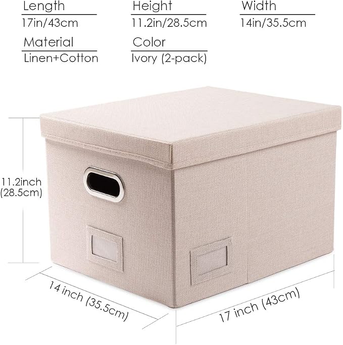 File Organizer Box - Set of 2 Collapsible Decorative Linen Filing Storage Hanging File Folders with Lids Office Cabinet Letter/Legal Size Light Grey (17x14x11.2 inch) - Image 7