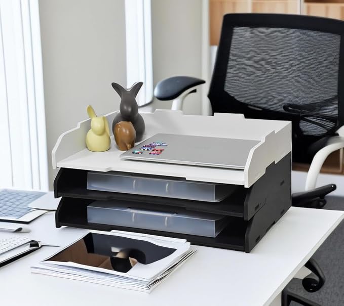 18.31" W × 12.68" D × 8.66" H Large Capacity Desktop File Organizer, Sturdy Stackable Wood Paper Sorter, Premium Letter Document Mail Storage Holder – Black & White（3 Tier-Horizontal） - Image 4