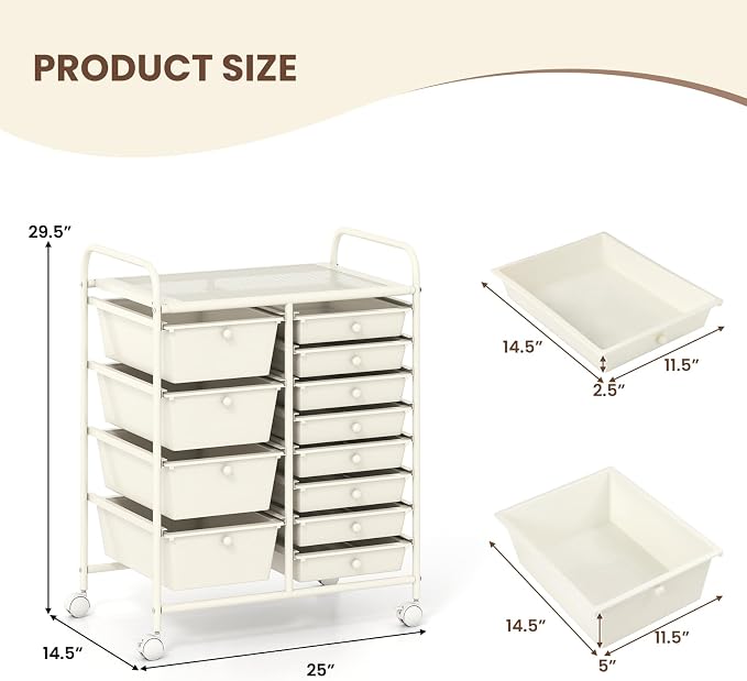 COSTWAY 12 Drawer Rolling Storage Cart, Utility Cart with Metal Frame | Mobile Art Supply Craft Organizer, Multipurpose Storage Organizer for Paper, Office, School Teacher, Classroom, White - Image 3