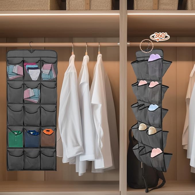 3Pcs 30 Large Pockets Dual Sided Hanging Shoe Organizer Double-Side Closet Storage Shelves with Rotating Hanger Space Saving Storage Bag Portable Shoe Rack Holder for Bedroom Laundry Room,Black - Image 2